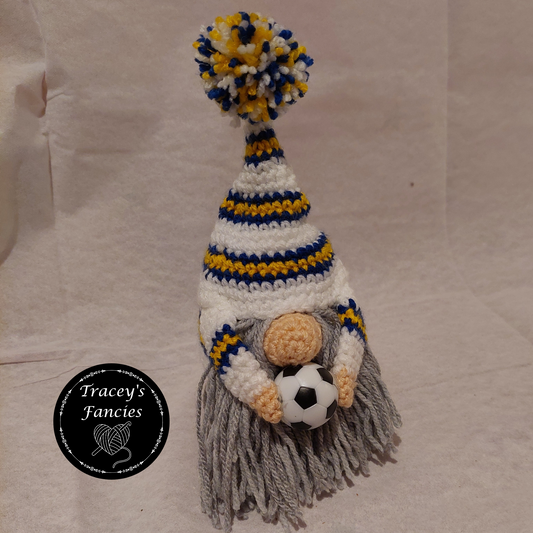 White, blue and golden yellow football gnome shelf sitter collectable