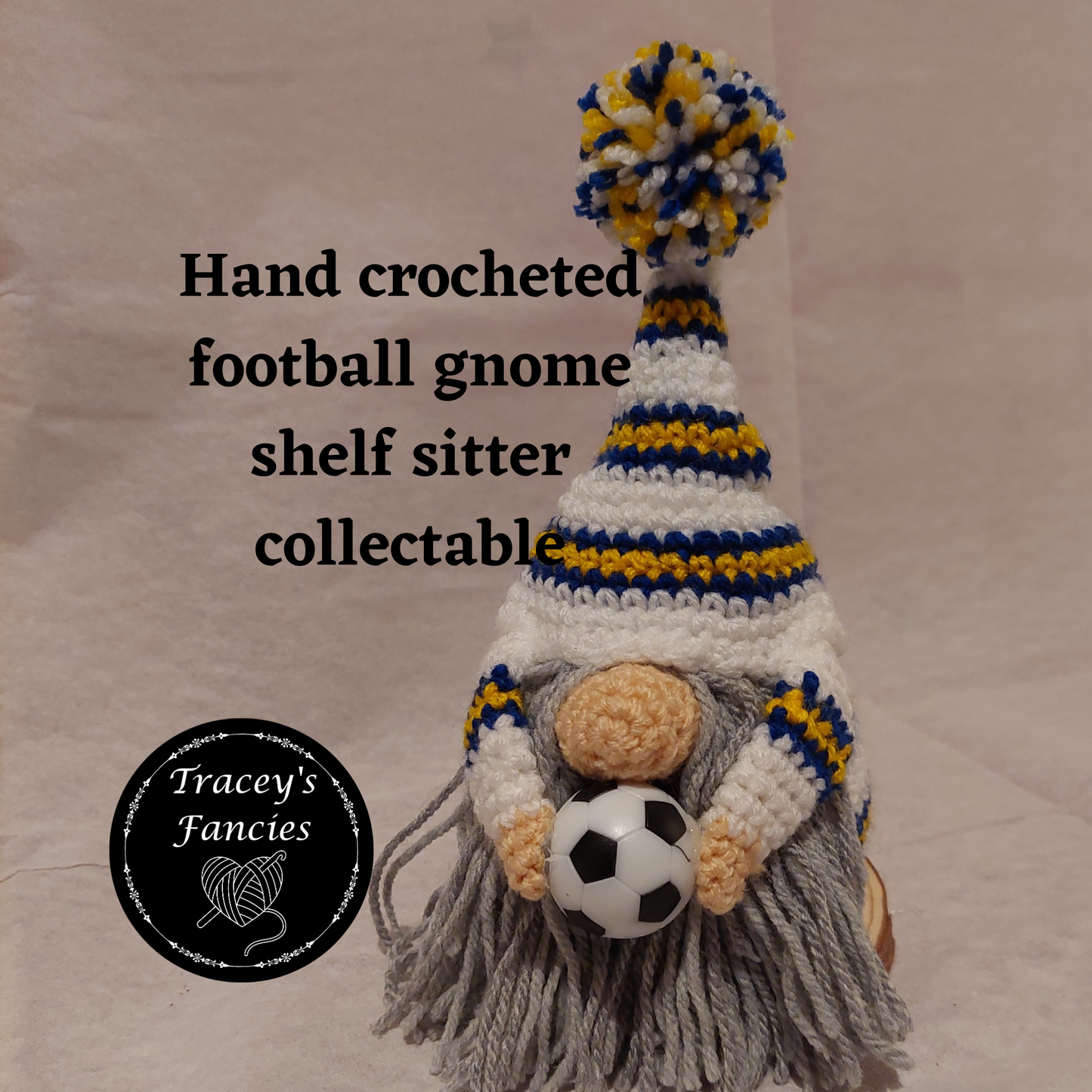 White, blue and golden yellow football gnome shelf sitter collectable