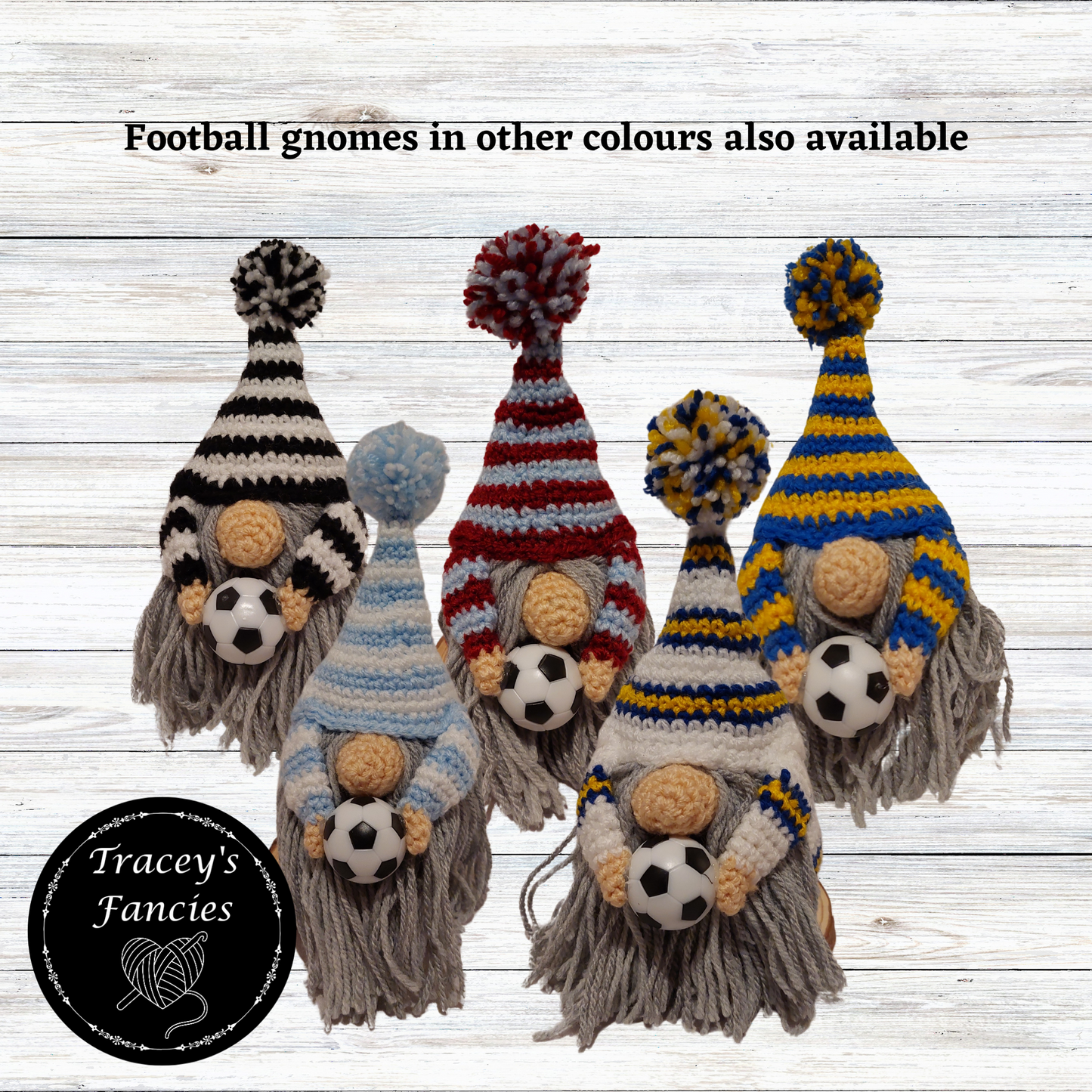 White, blue and golden yellow football gnome shelf sitter collectable